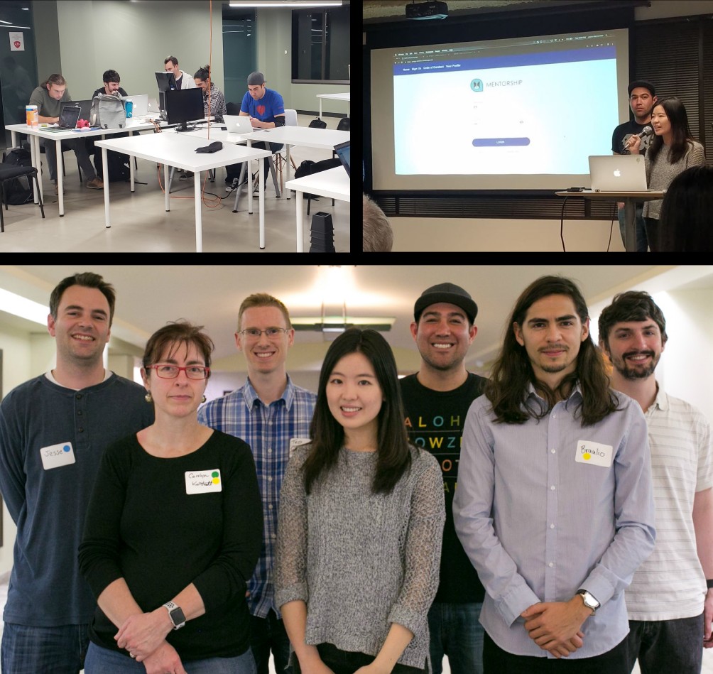 PuPPy hackathon team — work session, demo day presentation, and group photo
