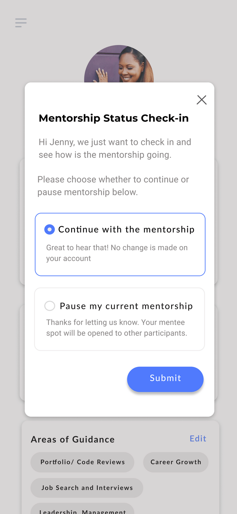 Periodic status check-in — Mentorship Status Check-in modal