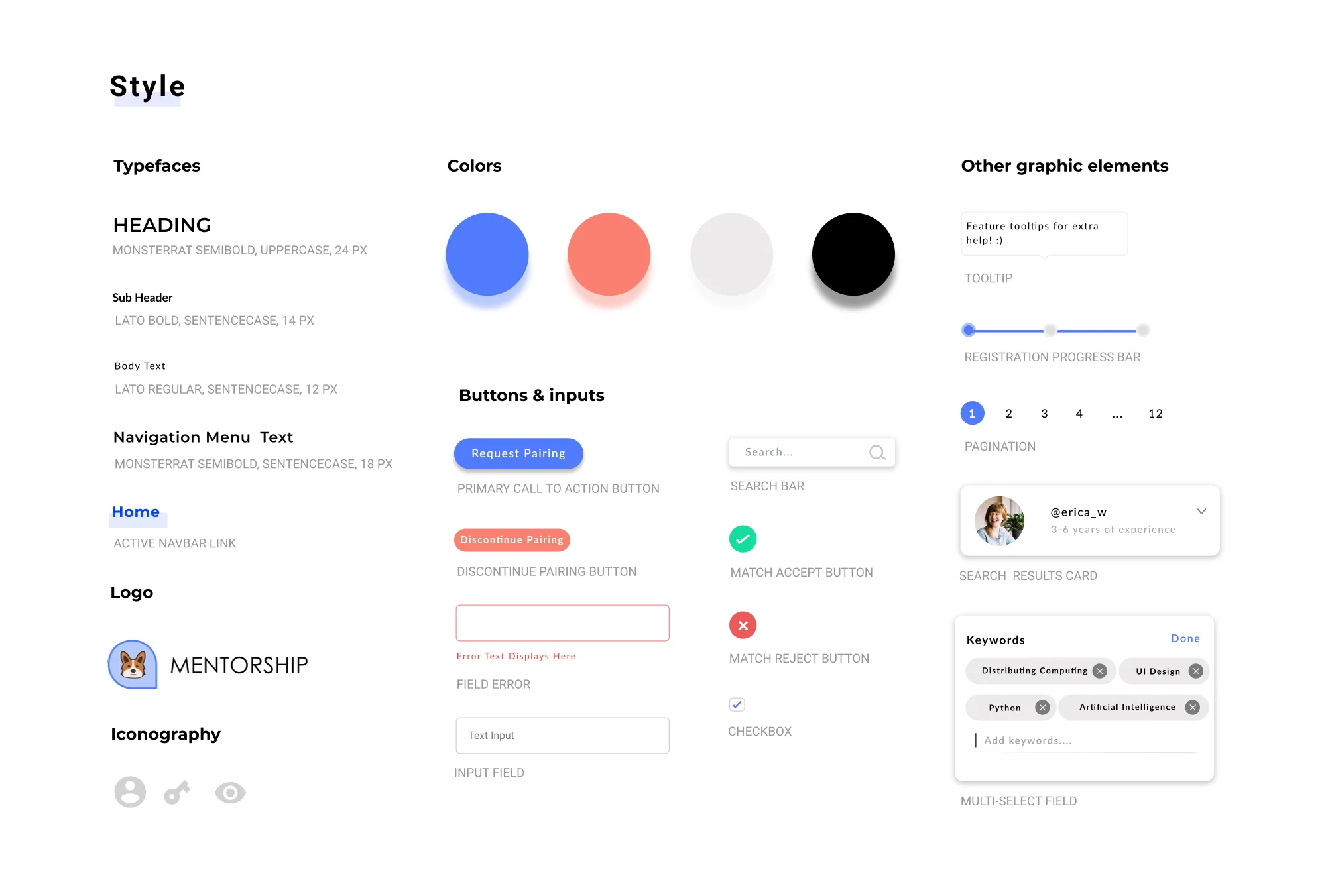 PuPPy Mentorship style guide — typefaces, colors, buttons and components