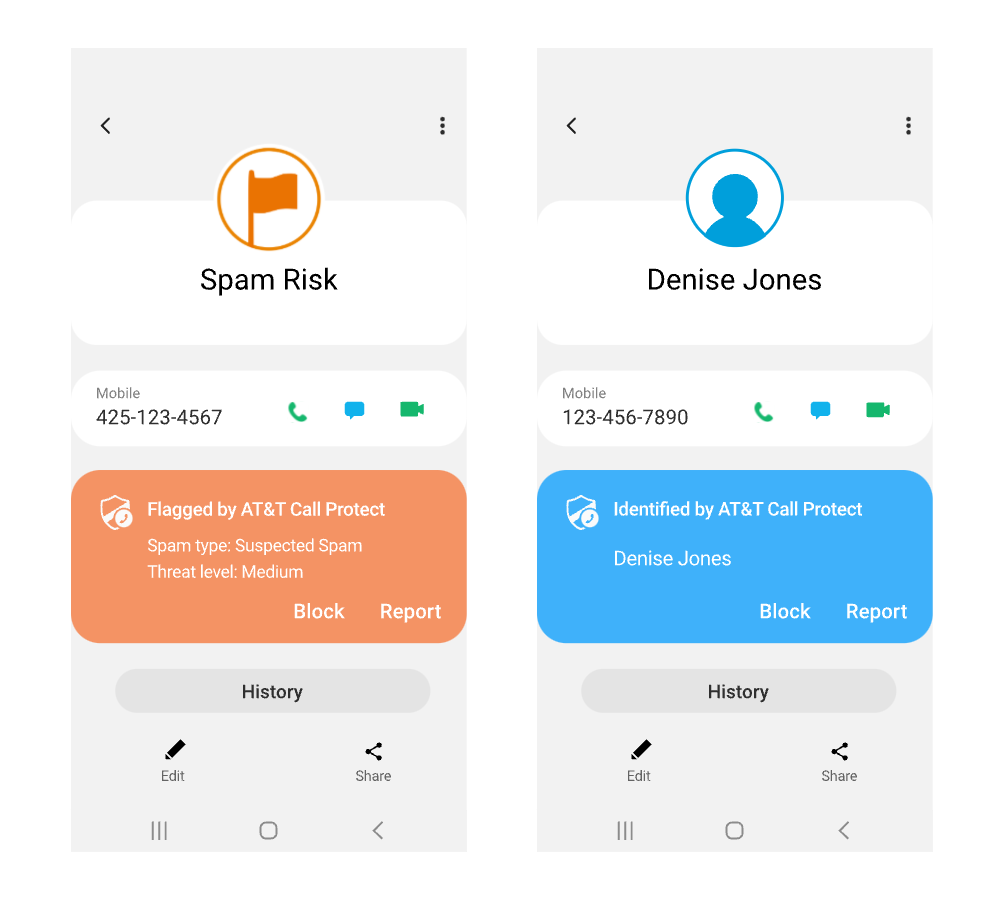 Call log details cards — orange Spam Risk card and blue Identified caller card with Block, Report, and History actions